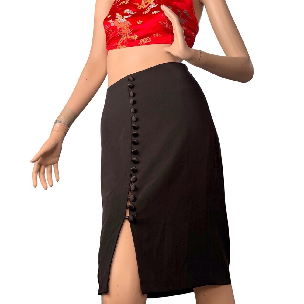Mexx Black Satin Pencil‎ Skirt Button Front High Waist Goth Office Siren Chic 38